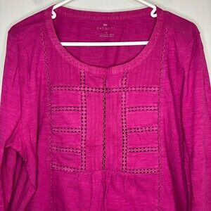TALBOTS Tunic Womens XL Pink Crochet Quilt Design 3/4 Sleeve 100% Cotton Flowy